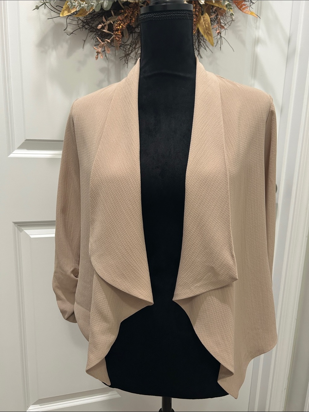 MINE Taupe Draped Open Front Jacket Size Small EUC
